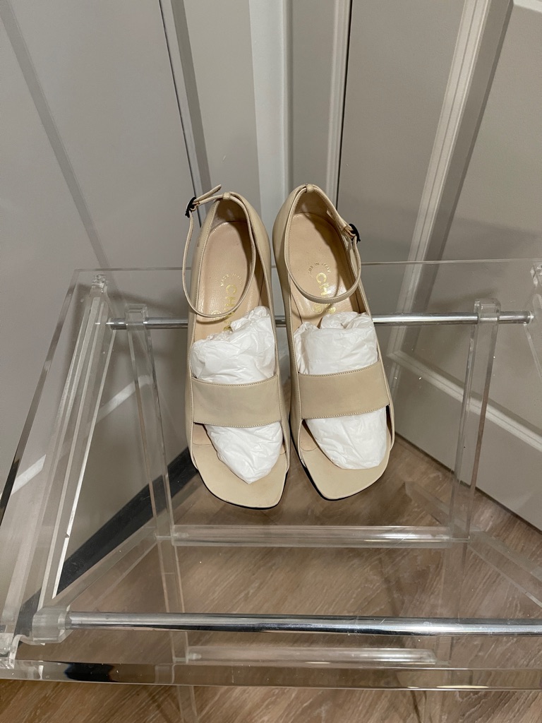 Chanel Beige Ankle-Strap Wide-Band Sandals